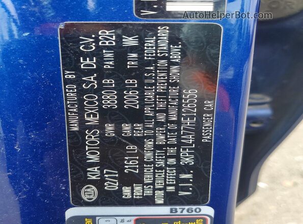 3KPFL4A77HE126556 2017 KIA FORTE Blue Вид наклейки з VIN-кодом