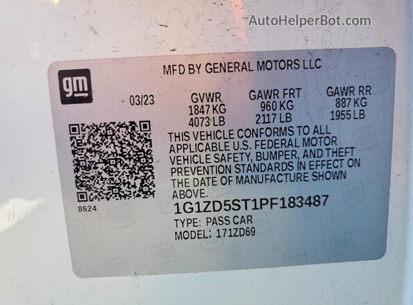 1G1ZD5ST1PF183487 2023 CHEVROLET MALIBU White VIN կոդի պիտակի տեսք