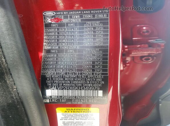 SALVP2RX6KH349979 2019 LAND ROVER RANGE Красный Вид наклейки с VIN-кодом