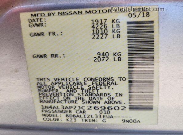 1N4AL3AP2JC269602 2018 NISSAN ALTIMA Silver Vista de la etiqueta del VIN