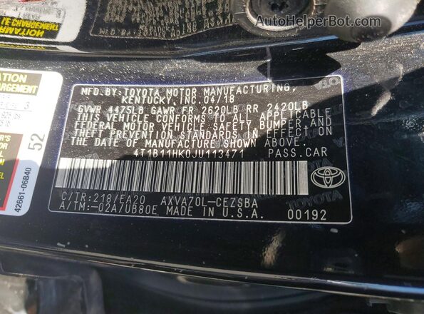 4T1B11HK0JU113471 2018 TOYOTA CAMRY Черный 