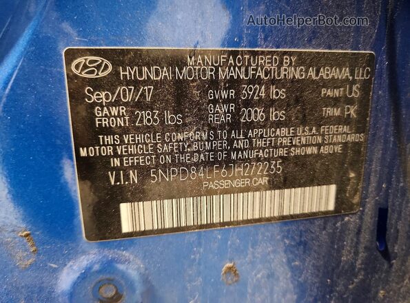 5NPD84LF6JH272235 2018 HYUNDAI ELANTRA Blue 