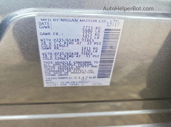 5N1DL0MM9JC514768 2018 INFINITI QX60 Gray 