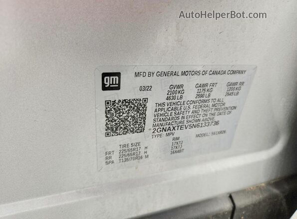 2GNAXTEV5N6133736 2022 CHEVROLET EQUINOX Silver Vista interior de 360 grados