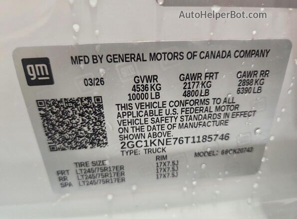2GC1KNE76T1185746 2026 CHEVROLET SILVERADO Белый Вид наклейки с VIN-кодом