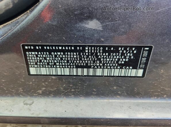 3VWC57BU1KM045405 2019 VOLKSWAGEN JETTA Gray Vista de la etiqueta del VIN
