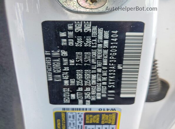 5XYK33AF3PG091404 2023 KIA SPORTAGE White VIN კოდის სტიკერის ხედი