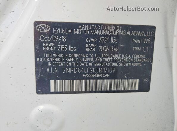 5NPD84LF2KH417109 2019 HYUNDAI ELANTRA White VIN კოდის სტიკერის ხედი