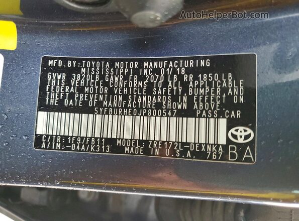 5YFBURHE0JP800547 2018 TOYOTA COROLLA Charcoal Սալոնի 360 աստիճան տեսք