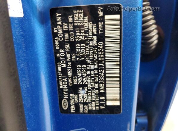 KM8J33A21JU696340 2018 HYUNDAI TUCSON Blue Панорамний вид салону 360°