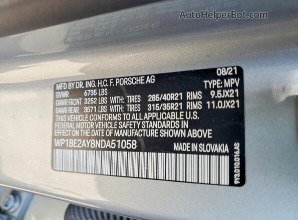 WP1BE2AY8NDA51058 2022 PORSCHE CAYENNE Серебряный 