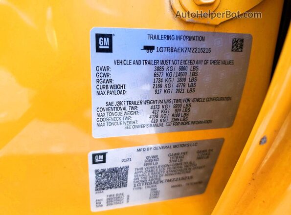 1GTR8AEK7MZ215215 2021 GMC SIERRA Yellow Vista de la etiqueta del VIN