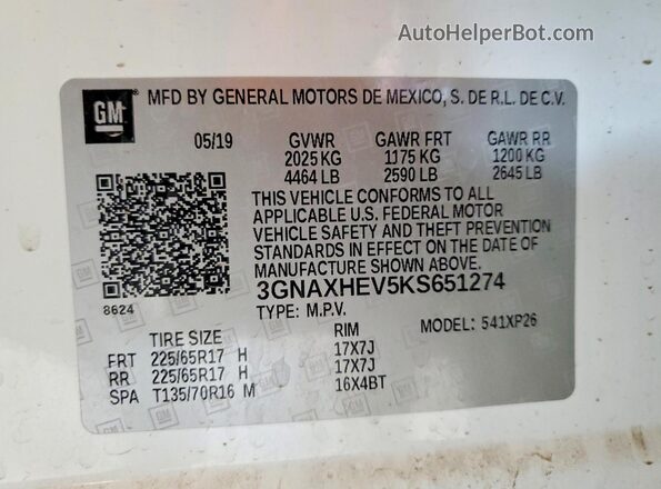 3GNAXHEV5KS651274 2019 CHEVROLET EQUINOX White 