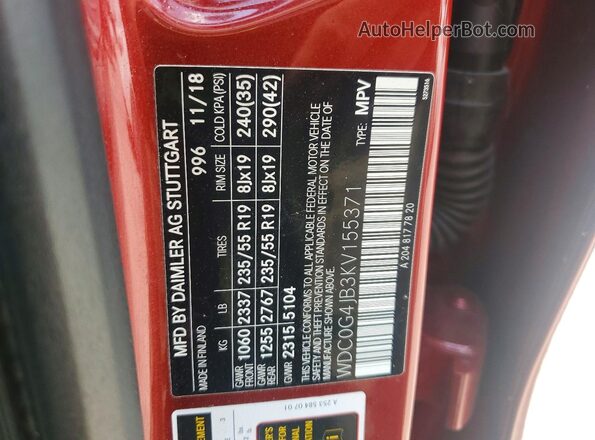WDC0G4JB3KV155371 2019 MERCEDES-BENZ GLC-CLASS Red 