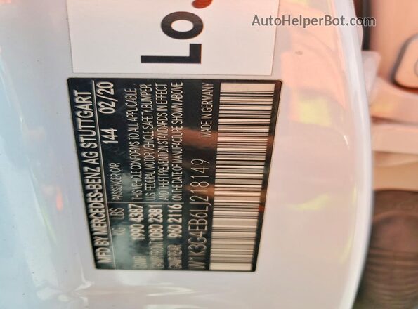W1K3G4EB6LJ218149 2020 MERCEDES-BENZ A White VIN კოდის სტიკერის ხედი