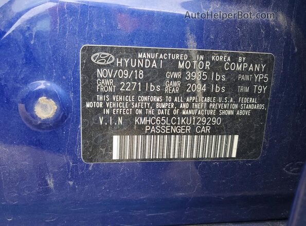 KMHC65LC1KU129290 2019 HYUNDAI IONIQ Blue VIN կոդի պիտակի տեսք