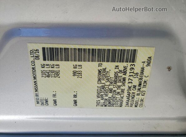1N4AA6AP3HC373193 2017 NISSAN MAXIMA Silver Widok wnętrza 360 stopni