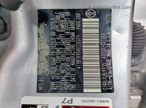 4T1BF1FK5HU316371 2017 TOYOTA CAMRY Серебряный 