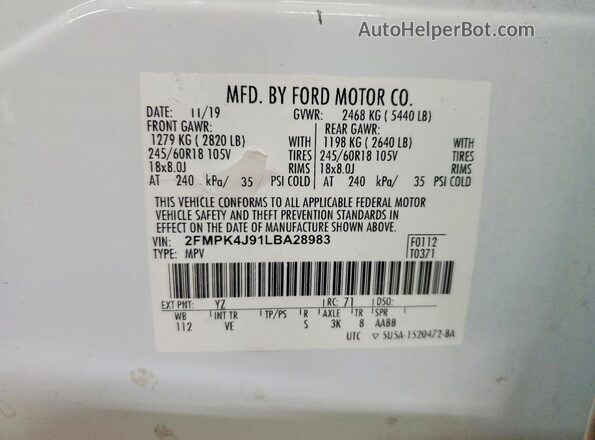 2FMPK4J91LBA28983 2020 FORD EDGE Белый Панорамный вид салона 360°