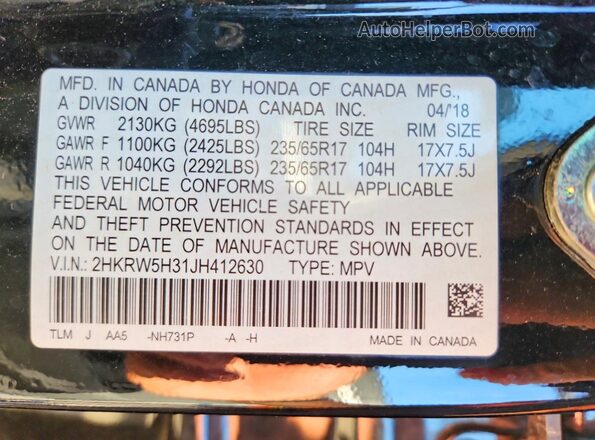 2HKRW5H31JH412630 2018 HONDA CRV Black 