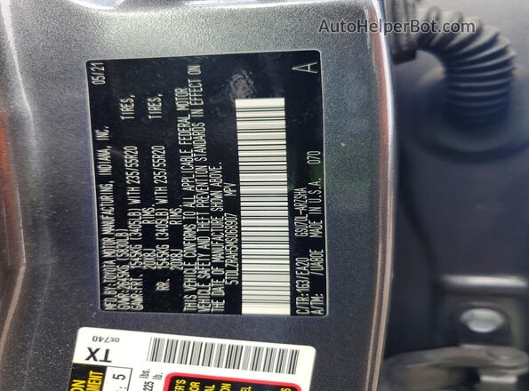 5TDLZRAH5MS068907 2021 TOYOTA HIGHLANDER Gray Widok wnętrza 360 stopni