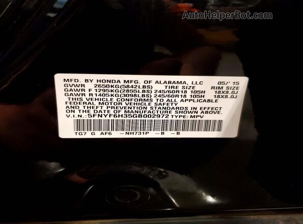5FNYF6H35GB002972 2016 HONDA PILOT Black 