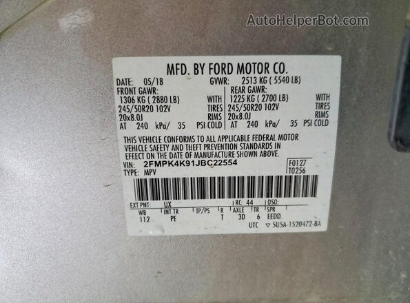 2FMPK4K91JBC22554 2018 FORD EDGE Silver 360 interior view