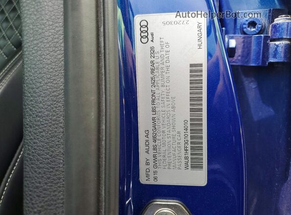 WAUB1HFF3G1014010 2016 AUDI S3 Blue VIN sticker view