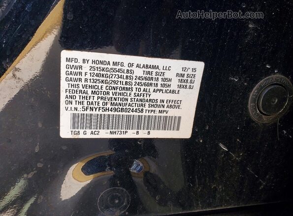 5FNYF5H49GB024458 2016 HONDA PILOT Black 