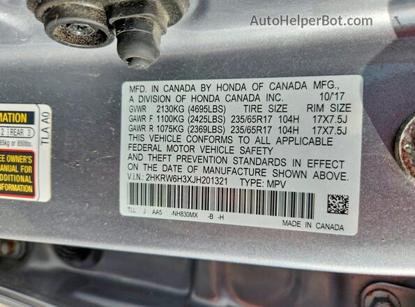 2HKRW6H3XJH201321 2018 HONDA CR-V Серебряный Панорамный вид салона 360°