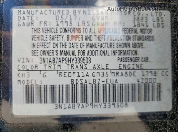 3N1AB7AP9HY339508 2017 NISSAN SENTRA Black Vista de la etiqueta del VIN