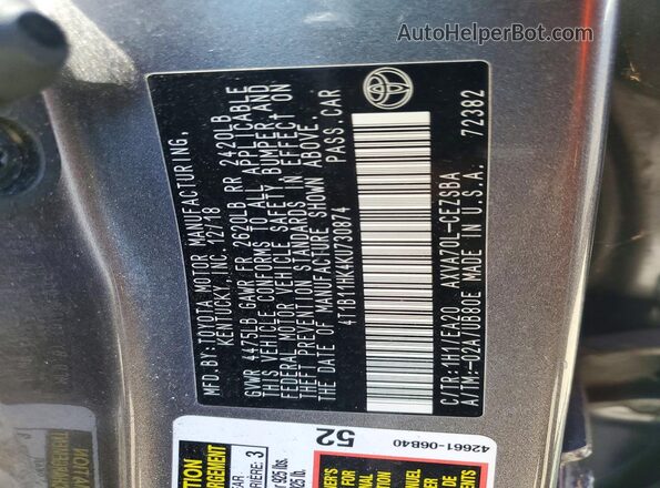 4T1B11HK4KU730874 2019 TOYOTA CAMRY Gray 