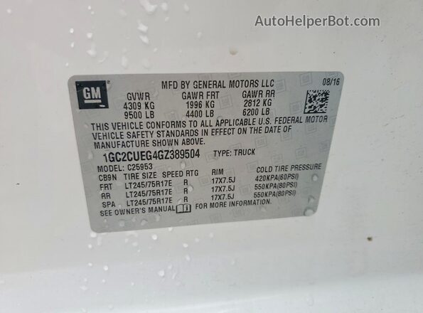 1GC2CUEG4GZ389504 2016 CHEVROLET SILVERADO White Vista de la etiqueta del VIN