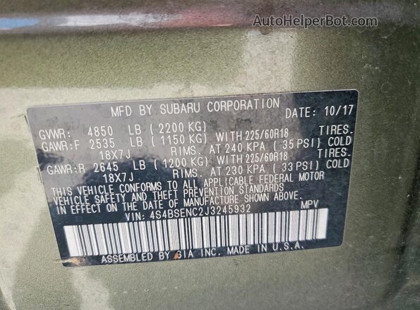 4S4BSENC2J3245932 2018 SUBARU OUTBACK Green 