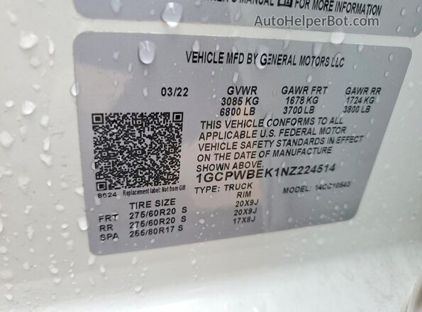 1GCPWBEK1NZ224514 2022 CHEVROLET SILVERADO White VIN կոդի պիտակի տեսք