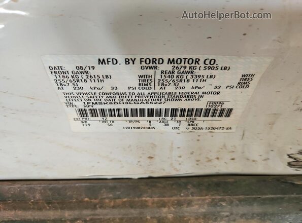 1FMSK8DH3LGA55227 2020 FORD EXPLORER White 