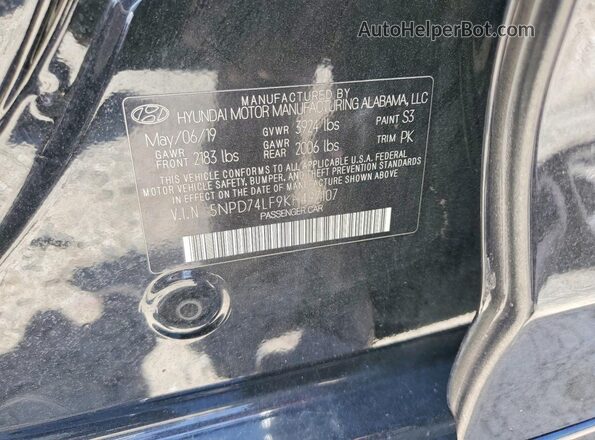 5NPD74LF9KH497107 2019 HYUNDAI ELANTRA Black 