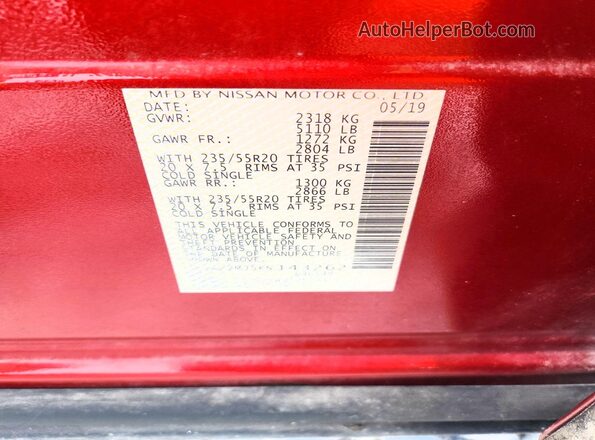 5N1AZ2MJ5KN143262 2019 NISSAN MURANO Красный Вид наклейки с VIN-кодом