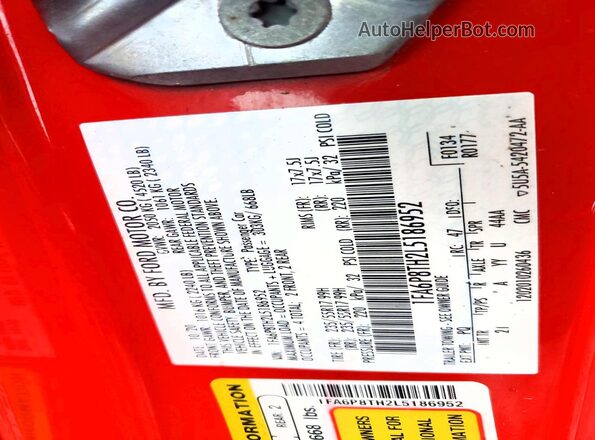 1FA6P8TH2L5186952 2020 FORD MUSTANG Red VIN sticker view