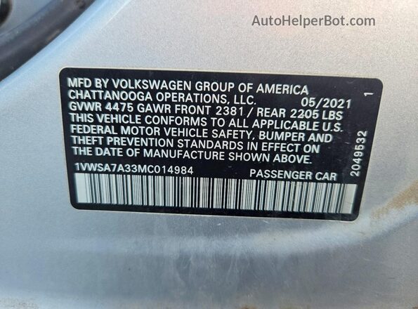1VWSA7A33MC014984 2021 VOLKSWAGEN PASSAT Silver 