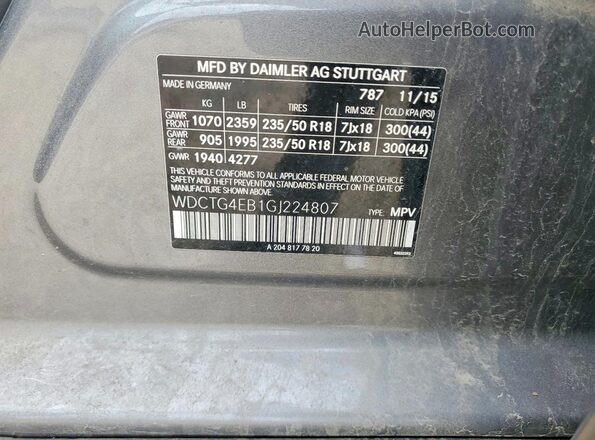 WDCTG4EB1GJ224807 2016 MERCEDES-BENZ GLA Gray Widok naklejki z numerem VIN