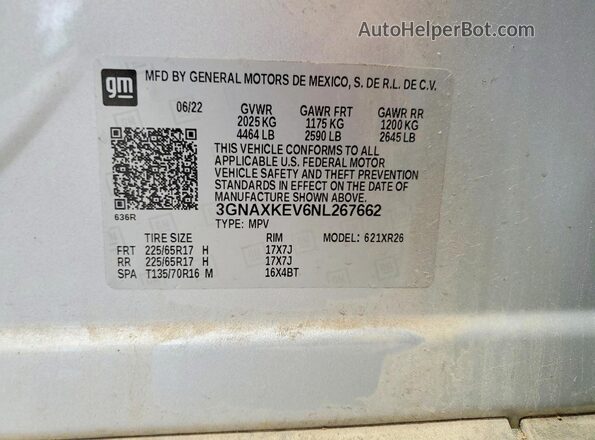 3GNAXKEV6NL267662 2022 CHEVROLET EQUINOX Silver 