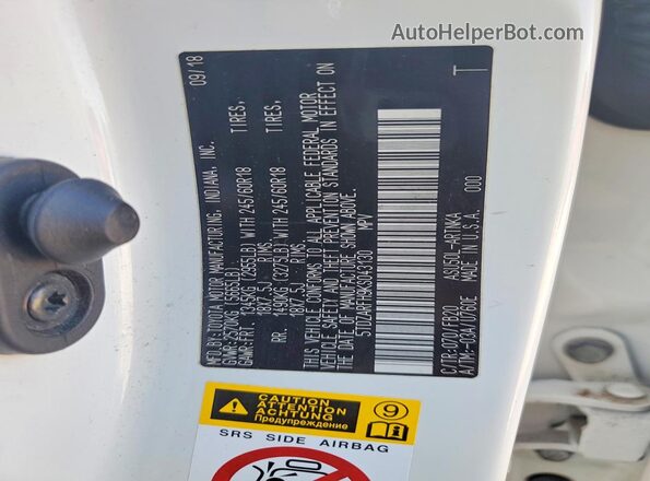 5TDZARFH9KS043130 2019 TOYOTA HIGHLANDER White 