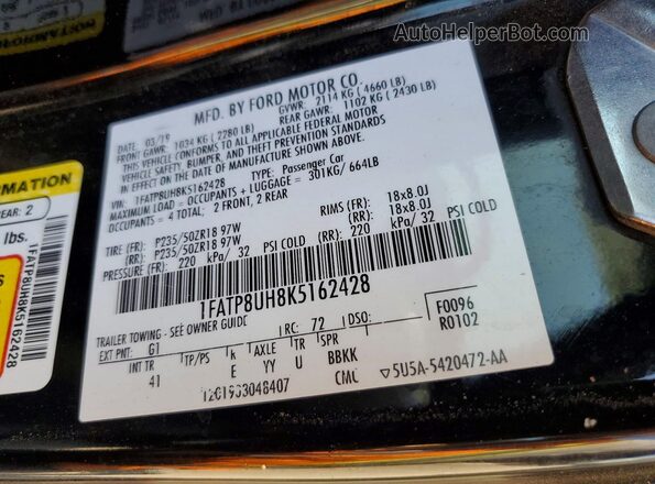 1FATP8UH8K5162428 2019 FORD MUSTANG Black 