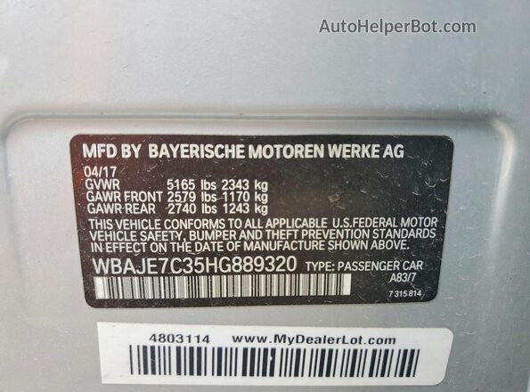 WBAJE7C35HG889320 2017 BMW 5 SERIES Silver VIN კოდის სტიკერის ხედი