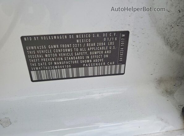 3VW4T7AU3GM044100 2016 VOLKSWAGEN GTI White 
