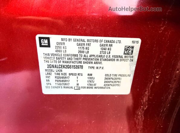 2GNALCEK2G6153978 2016 CHEVROLET EQUINOX Красный 