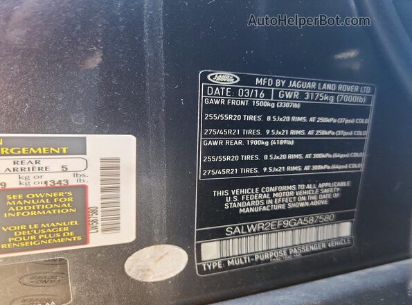 SALWR2EF9GA587580 2016 LAND ROVER RANGE ROVER Gray 