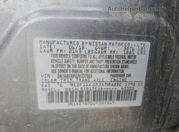 3N1AB7AP0JY337569 2018 NISSAN SENTRA Gray VIN კოდის სტიკერის ხედი