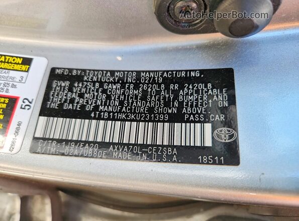 4T1B11HK3KU231399 2019 TOYOTA CAMRY Серебряный 